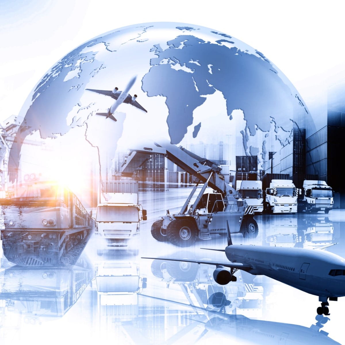 A globe with transportation images superimposed, including airplanes, trucks, a shipping container handler, and a train against an urban backdrop, symbolizing global logistics and transportation networks.